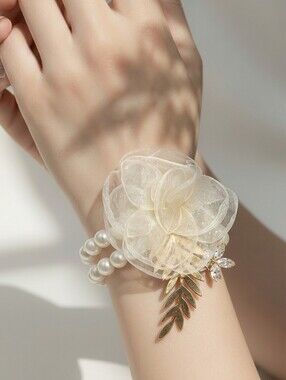 Ivory Pearl Wrist Corsage Organza Flower Crystal Gold Leaf Bridal Prom Wedding